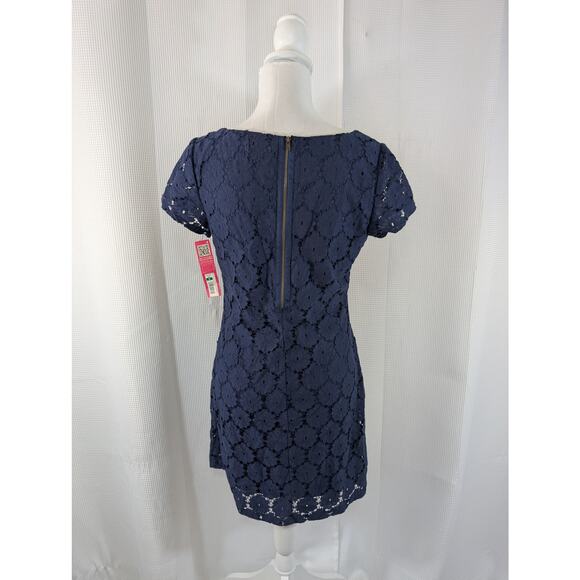 NWT! XHILERATION! NAVY BLUE STRETCH LACE OVER BLUE, BACK GOLD ZIPPER DRESS! SZ M - Picture 5 of 10